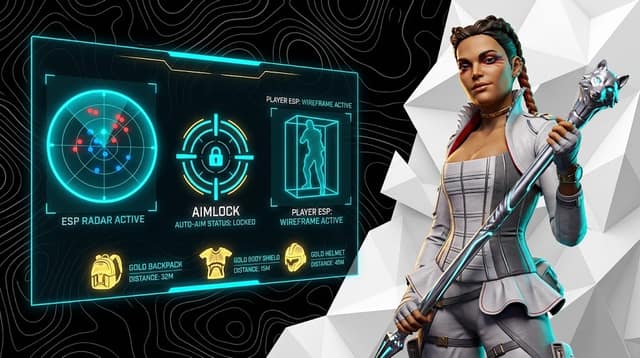 Promotional artwork for Cilukbot Apex External: a neon panel showing ESP radar, aimlock and wireframe player ESP