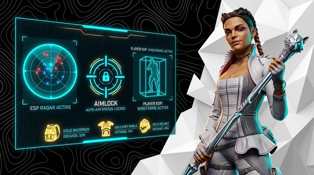 Promotional artwork for Cilukbot Apex External: a neon panel showing ESP radar, aimlock and wireframe player ESP
