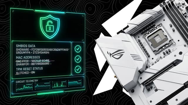 Promotional artwork for Cilukbot Permanent Spoofer: a neon panel showing SMBIOS, MAC address and TPM reset status beside a motherboard
