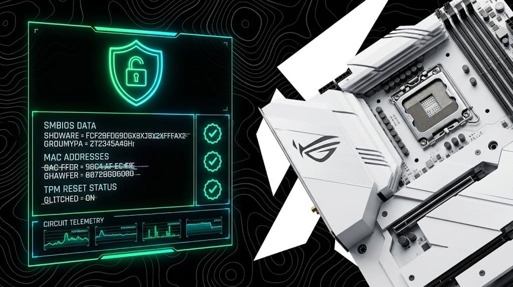 Promotional artwork for Cilukbot Permanent Spoofer: a neon panel showing SMBIOS, MAC address and TPM reset status beside a motherboard